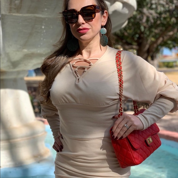 Cream Long Sleeve Mid Length Dress NWT - Picture 7 of 8